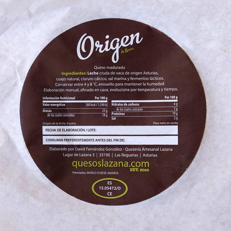 Queso "Origen" de Lazana (Cuña de 300 gramos)
